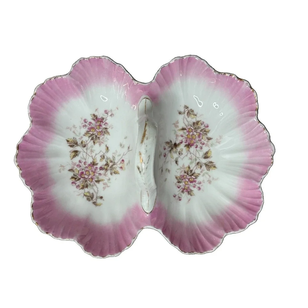 Antique KPM Germany Porcelain Pink Floral Divided Serving Dish Center Handle